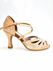 Load image into Gallery viewer, DADA Diamond QC (L55) - Scarpa da Ballo da Donna in Raso Carne cinturino incrociato al collopiede con Swarovski  Boreali Tacco a Rocchetto
