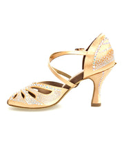 Load image into Gallery viewer, DADA Diamond QC (L55) - Scarpa da Ballo da Donna in Raso Carne cinturino incrociato al collopiede con Swarovski  Boreali Tacco a Rocchetto
