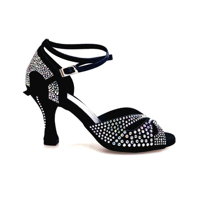 Scarpa da ballo donna in raso seta nera con Swarovski, cinturino incrociato alla caviglia e tacco a rocchetto, modello DELUXE MARIPOSA.