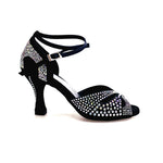 Load image into Gallery viewer, DELUXE MARIPOSA (L102 QB) - Scarpa da Ballo Donna in Raso Seta Nera con Swarovski con Cinturino incrociato alla Caviglia e Tacco a Rocchetto
