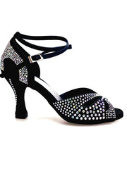Carica immagine nella Galleria, DELUXE MARIPOSA (L102 QB) - Scarpa da Ballo Donna in Raso Seta Nera con Swarovski con Cinturino incrociato alla Caviglia e Tacco a Rocchetto
