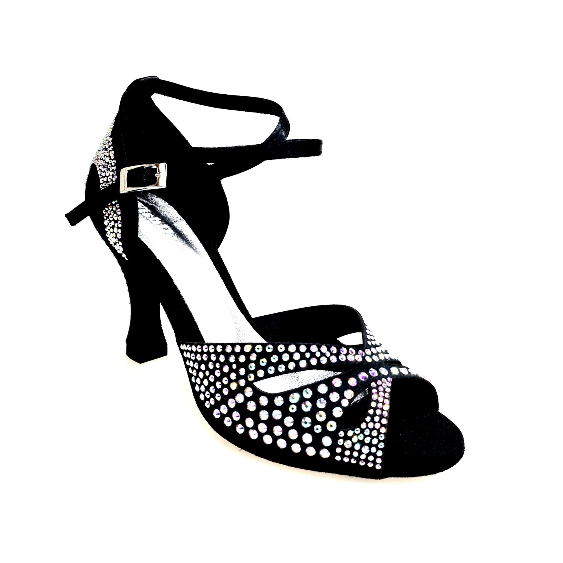Scarpa da ballo donna in raso seta nera con Swarovski, cinturino incrociato alla caviglia e tacco a rocchetto, modello Deluxe Mariposa.
