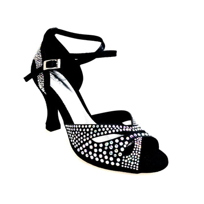 Scarpa da ballo donna in raso seta nera con Swarovski, cinturino incrociato alla caviglia e tacco a rocchetto, modello Deluxe Mariposa.