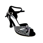Load image into Gallery viewer, DELUXE MARIPOSA (L102 QB) - Scarpa da Ballo Donna in Raso Seta Nera con Swarovski con Cinturino incrociato alla Caviglia e Tacco a Rocchetto
