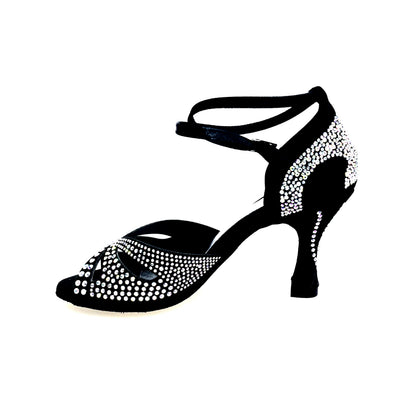 Scarpa da ballo donna Deluxe Mariposa Wish Dance Shop in raso seta nera con Swarovski, cinturino incrociato e tacco a rocchetto
