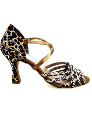Carica immagine nella Galleria, CAROLIN QC (Marea L14) - Scarpa Da Donna Bi-Flex in Raso Seta Leopardo Beige con Swarovski Boreali e Tacco a Rocchetto
