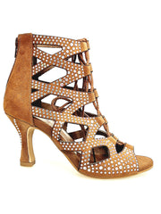 Carica immagine nella Galleria, Olimpya Confort Plus - Sandalo a Tronchetto in Camoscio Beige con Swarovski Boreali e Tacco a Rocchetto
