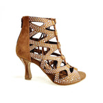 Load image into Gallery viewer, Olimpya Confort Plus - Sandalo a Tronchetto in Camoscio Beige con Swarovski Boreali e Tacco a Rocchetto
