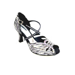 Load image into Gallery viewer, DADA Zebra Diamond PLUS QC (L55) - Scarpa da Ballo da Donna in Raso Seta Zebrato con cinturino di Swarovski incrociato sul collopiede tacco a rocchetto
