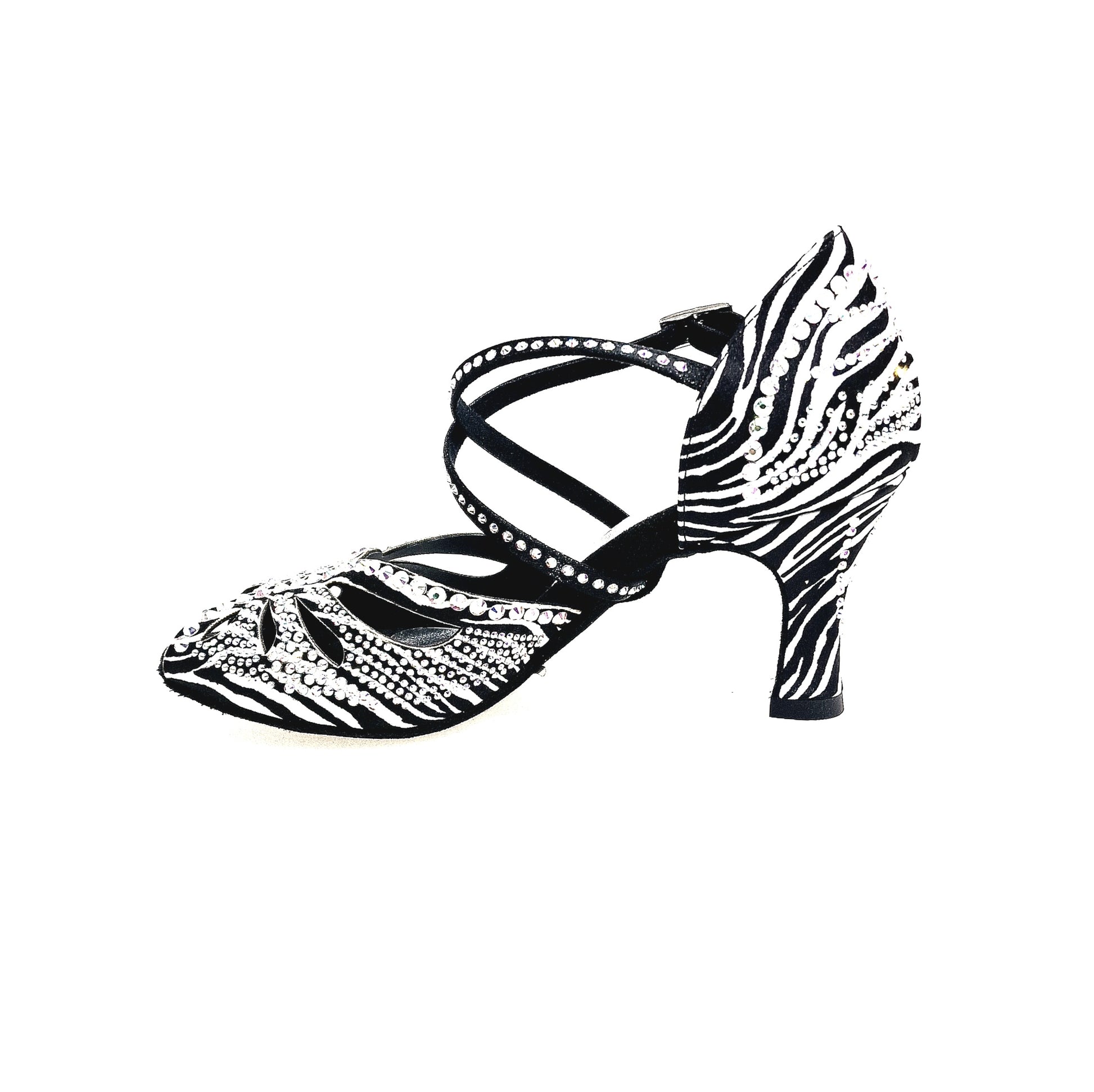 Scarpa da ballo donna DADA Zebra Diamond PLUS QC in raso seta zebrato con cinturino Swarovski e tacco a rocchetto