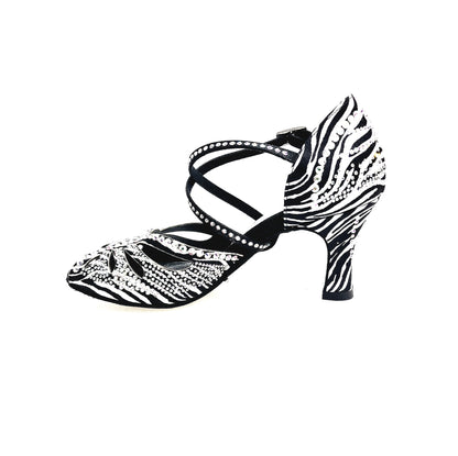 Scarpa da ballo donna DADA Zebra Diamond PLUS QC in raso seta zebrato con cinturino Swarovski e tacco a rocchetto