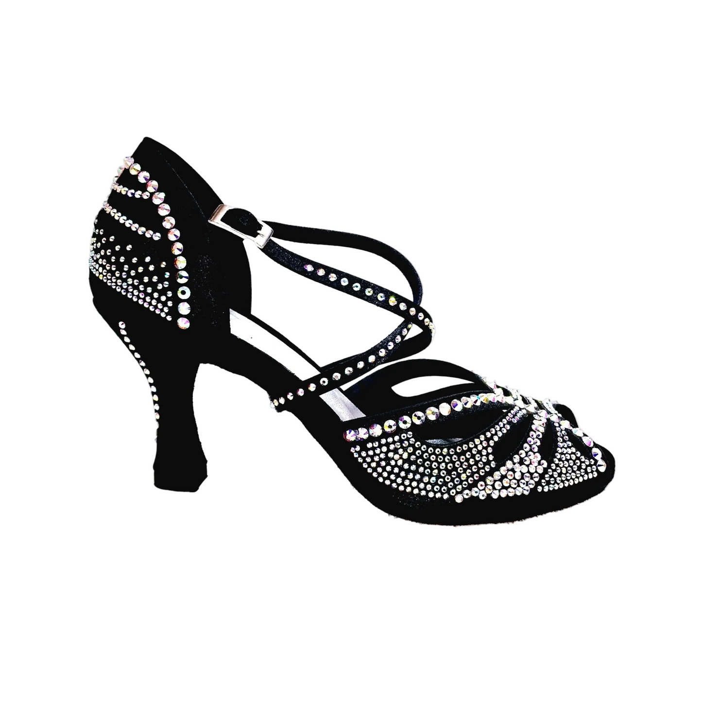 Scarpa da ballo donna DADA Diamond PLUS QC in raso seta nero con cinturino incrociato, Swarovski e tacco a rocchetto.