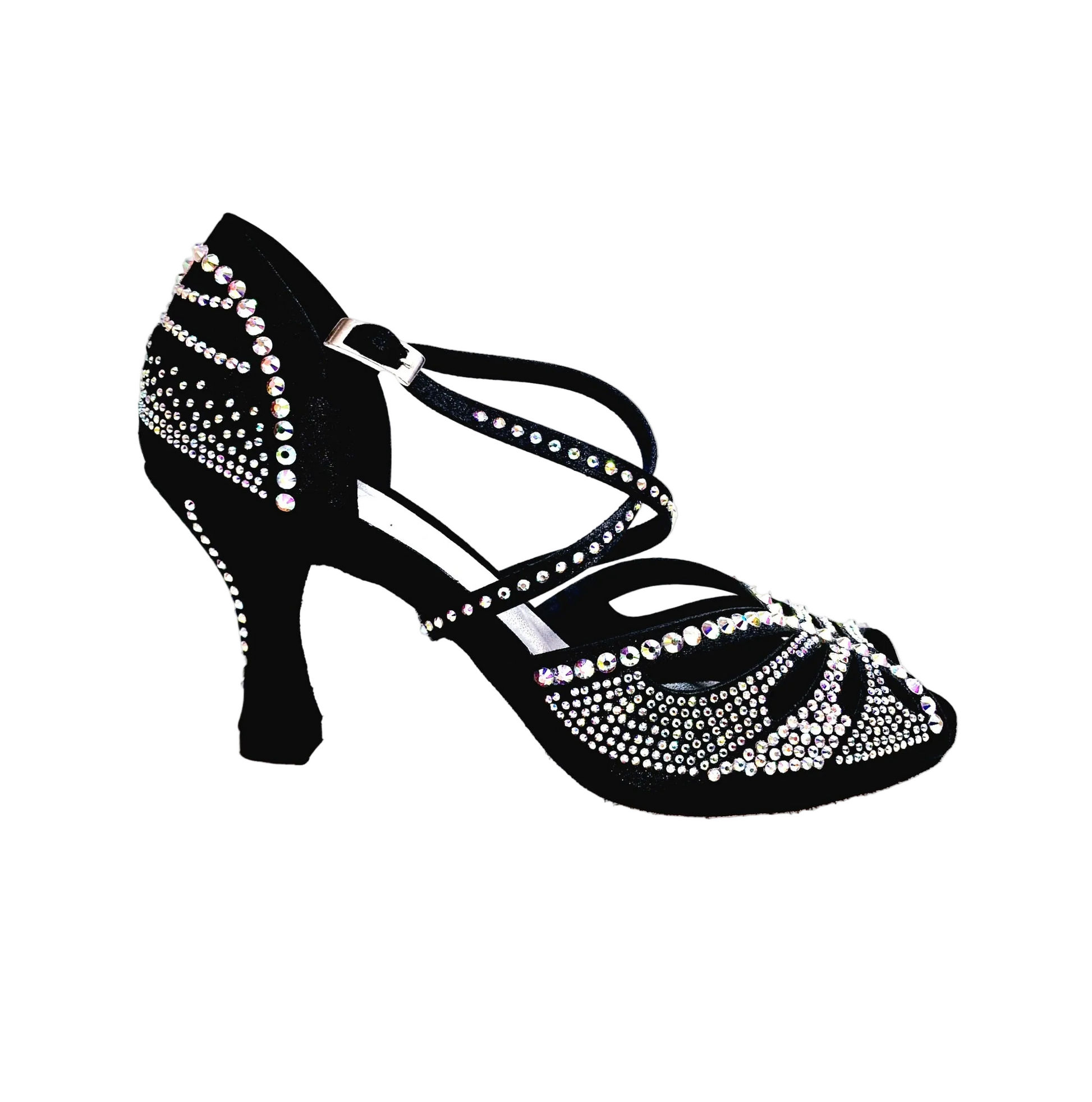 Scarpa da ballo donna DADA Diamond PLUS QC in raso seta nero con cinturino incrociato, Swarovski e tacco a rocchetto.