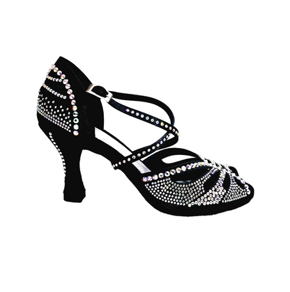Scarpa da ballo donna DADA Diamond PLUS QC in raso seta nero con cinturino incrociato, Swarovski e tacco a rocchetto.