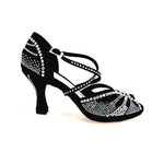 Load image into Gallery viewer, DADA Diamond PLUS QC (L55) - Scarpa da Ballo da Donna in Raso Seta Nero cinturino incrociato sul collopiede con Swarovski boreali anche sul cinturino tacco a Rocchetto
