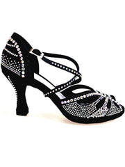 Load image into Gallery viewer, DADA Diamond PLUS QC (L55) - Scarpa da Ballo da Donna in Raso Seta Nero cinturino incrociato sul collopiede con Swarovski boreali anche sul cinturino tacco a Rocchetto
