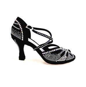 DADA Diamond PLUS QC (L55) - Scarpa da Ballo da Donna in Raso Seta Nero cinturino incrociato sul collopiede con Swarovski boreali anche sul cinturino tacco a Rocchetto