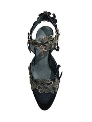 Carica immagine nella Galleria, NURYA/C PZ (R.L. by WISH DANCE) Sandalo Semichiuso da Donna in Raso Seta Nera con Applicazione di Pizzo Macramé Tacco a Spillo Sottile Smaltato Nero
