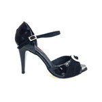 Load image into Gallery viewer, GILDA SW  F.626  (R.L. by WISHDANCE)  Sandalo da Donna in Pelle di Vernice nera Camoscio Nero con Gioiello Swarovski Kristall incastonato tacco a Spillo Largo
