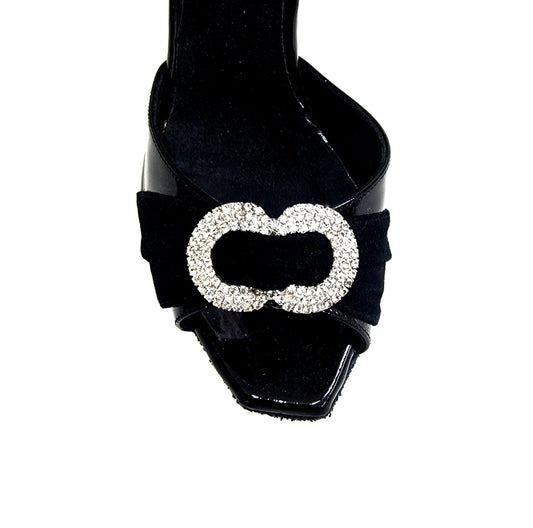 Sandalo donna Wish Dance Gilda SW F.626 in pelle di vernice e camoscio nero con gioiello Swarovski, tacco a spillo largo