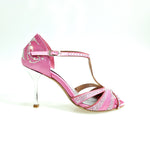 Carica immagine nella Galleria, CAMILA Superb (accollata) L13 - Scarpa da Ballo in Raso Seta Rosa Fuxia con Swarovski Boreali e Tacco a Stiletto Squadrato Sottile  Laminato Argento
