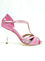 Carica immagine nella Galleria, CAMILA Superb (accollata) L13 - Scarpa da Ballo in Raso Seta Rosa Fuxia con Swarovski Boreali e Tacco a Stiletto Squadrato Sottile  Laminato Argento
