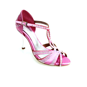 CAMILA Superb (accollata) L13 - Scarpa da Ballo in Raso Seta Rosa Fuxia con Swarovski Boreali e Tacco a Stiletto Squadrato Sottile  Laminato Argento