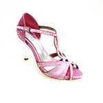 Carica immagine nella Galleria, CAMILA Superb (accollata) L13 - Scarpa da Ballo in Raso Seta Rosa Fuxia con Swarovski Boreali e Tacco a Stiletto Squadrato Sottile  Laminato Argento

