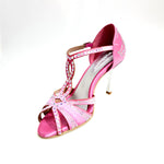 Carica immagine nella Galleria, CAMILA Superb (accollata) L13 - Scarpa da Ballo in Raso Seta Rosa Fuxia con Swarovski Boreali e Tacco a Stiletto Squadrato Sottile  Laminato Argento
