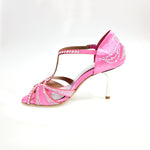 Carica immagine nella Galleria, CAMILA Superb (accollata) L13 - Scarpa da Ballo in Raso Seta Rosa Fuxia con Swarovski Boreali e Tacco a Stiletto Squadrato Sottile  Laminato Argento
