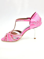 Carica immagine nella Galleria, CAMILA Superb (accollata) L13 - Scarpa da Ballo in Raso Seta Rosa Fuxia con Swarovski Boreali e Tacco a Stiletto Squadrato Sottile  Laminato Argento
