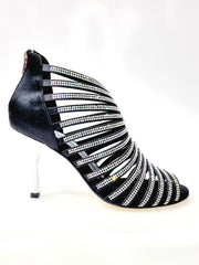 Carica immagine nella Galleria, ELSY Plus (L7) - Sandalo a Tronchetto Da Donna in Raso Seta Nero Con Swarovski Boreali e Tacco a Stiletto Squadrato Sottile Laminato Argento
