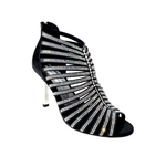 Carica immagine nella Galleria, ELSY Plus (L7) - Sandalo a Tronchetto Da Donna in Raso Seta Nero Con Swarovski Boreali e Tacco a Stiletto Squadrato Sottile Laminato Argento
