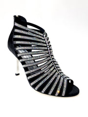 Carica immagine nella Galleria, ELSY Plus (L7) - Sandalo a Tronchetto Da Donna in Raso Seta Nero Con Swarovski Boreali e Tacco a Stiletto Squadrato Sottile Laminato Argento
