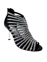 Load image into Gallery viewer, ELSY Plus (L7) - Sandalo a Tronchetto Da Donna in Raso Seta Nero Con Swarovski Boreali e Tacco a Stiletto Squadrato Sottile Laminato Argento