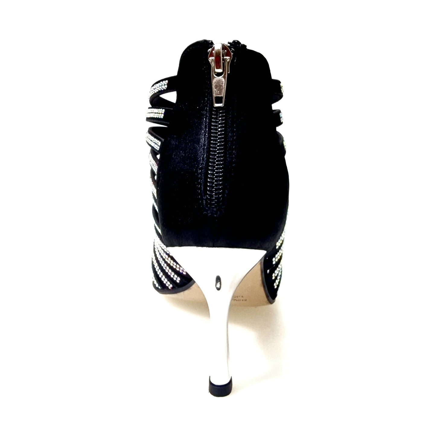Sandalo a tronchetto donna ElsY Plus (L7) in raso seta nero con Swarovski Boreali e tacco stiletto squadrato laminato argento