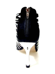 Carica immagine nella Galleria, ELSY Plus (L7) - Sandalo a Tronchetto Da Donna in Raso Seta Nero Con Swarovski Boreali e Tacco a Stiletto Squadrato Sottile Laminato Argento
