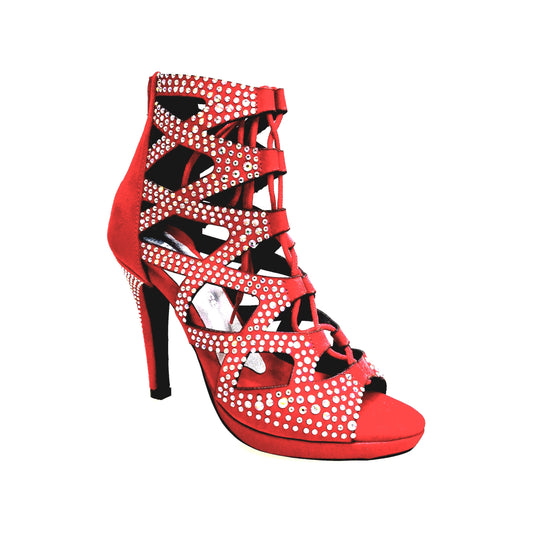 Sandalo a tronchetto Olimpya Confort Plus in camoscio rosso con Swarovski Boreali e tacco alto a spillo, scarpe Wish Dance Shop