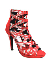 Carica immagine nella Galleria, Olimpya Confort Plus - Sandalo a Tronchetto in Camoscio Rosso con Swarovski Boreali e Tacco alto a Spillo largo
