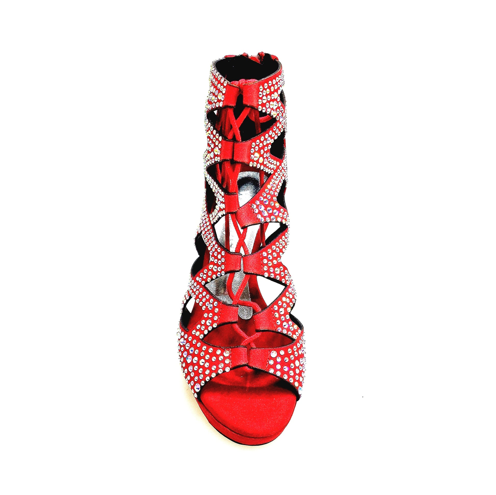Sandalo a tronchetto Olimpya Confort Plus in camoscio rosso con Swarovski Boreali e tacco alto a spillo, calzature Wish Dance Shop