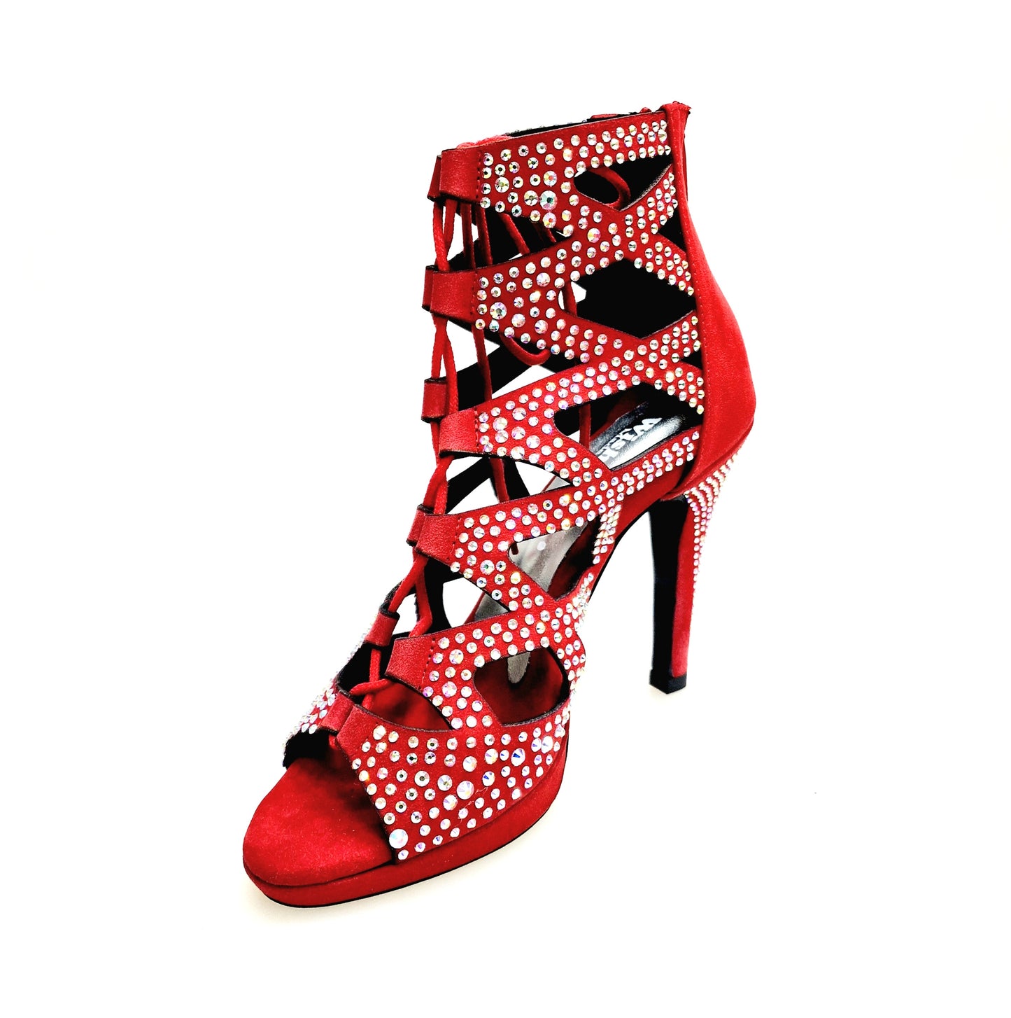 Sandalo a tronchetto Olimpya Confort Plus in camoscio rosso con Swarovski Boreali e tacco alto a spillo, scarpe donna elegante