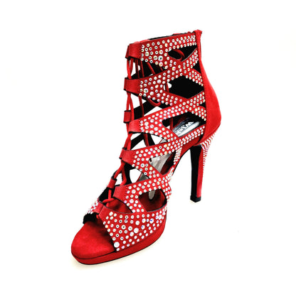Sandalo a tronchetto Olimpya Confort Plus in camoscio rosso con Swarovski Boreali e tacco alto a spillo, scarpe donna elegante