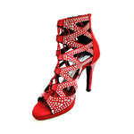 Carica immagine nella Galleria, Olimpya Confort Plus - Sandalo a Tronchetto in Camoscio Rosso con Swarovski Boreali e Tacco alto a Spillo largo
