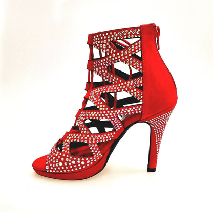 Sandalo a tronchetto Olimpya Confort Plus in camoscio rosso con Swarovski Boreali e tacco alto a spillo, scarpe donna Wish Dance Shop