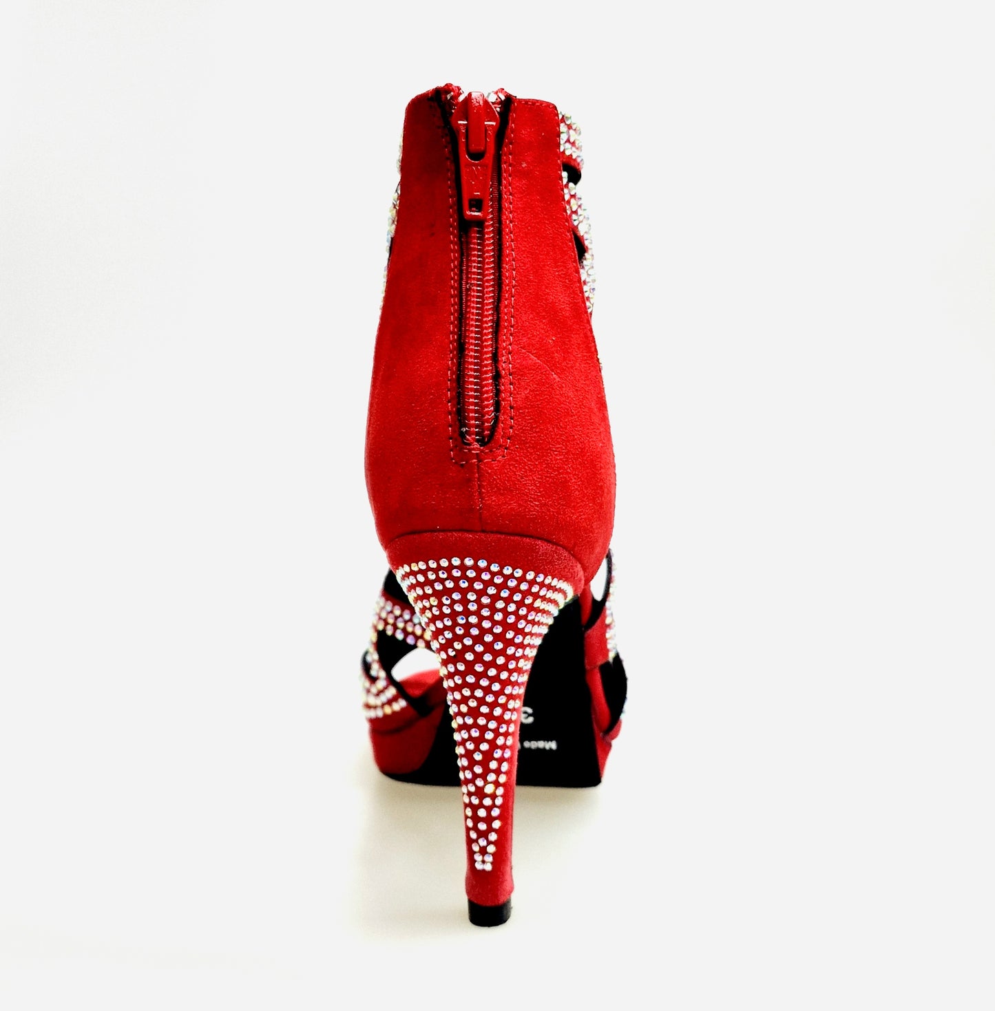 Sandalo a tronchetto Olimpya Confort Plus in camoscio rosso con Swarovski Boreali e tacco alto a spillo, scarpe Wish Dance Shop