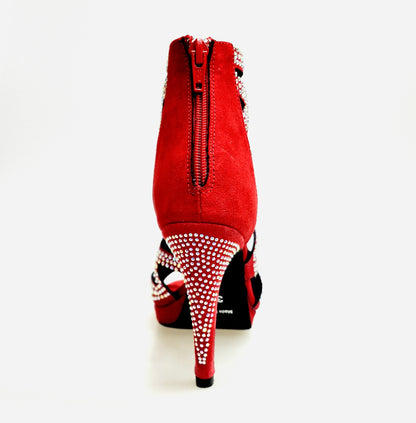 Sandalo a tronchetto Olimpya Confort Plus in camoscio rosso con Swarovski Boreali e tacco alto a spillo, scarpe Wish Dance Shop
