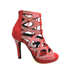 Carica immagine nella Galleria, Olimpya Confort Plus - Sandalo a Tronchetto in Camoscio Rosso con Swarovski Boreali e Tacco alto a Spillo largo
