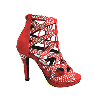 Olimpya Confort Plus - Sandalo a Tronchetto in Camoscio Rosso con Swarovski Boreali e Tacco alto a Spillo largo