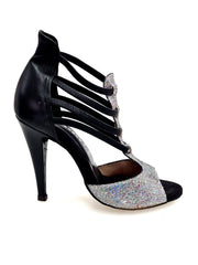 Carica immagine nella Galleria, Lilith (460) - Sandalo da Donna in tessuto Prisma Boreale Silver con Tallone e Tacco a Spillo in Pelle Nera
