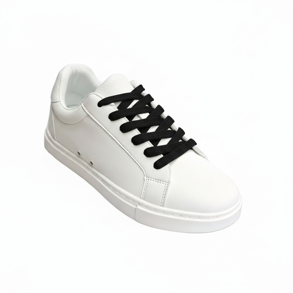 Sneaker ecopelle bianca Suprema White Black Vortex (FCE) con suola in gomma e resina, dettagli neri e design leggero e flessibile.